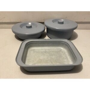 Vintage Anchor Hocking Blue Microware Servingware Casserole Dishes Set Of 3